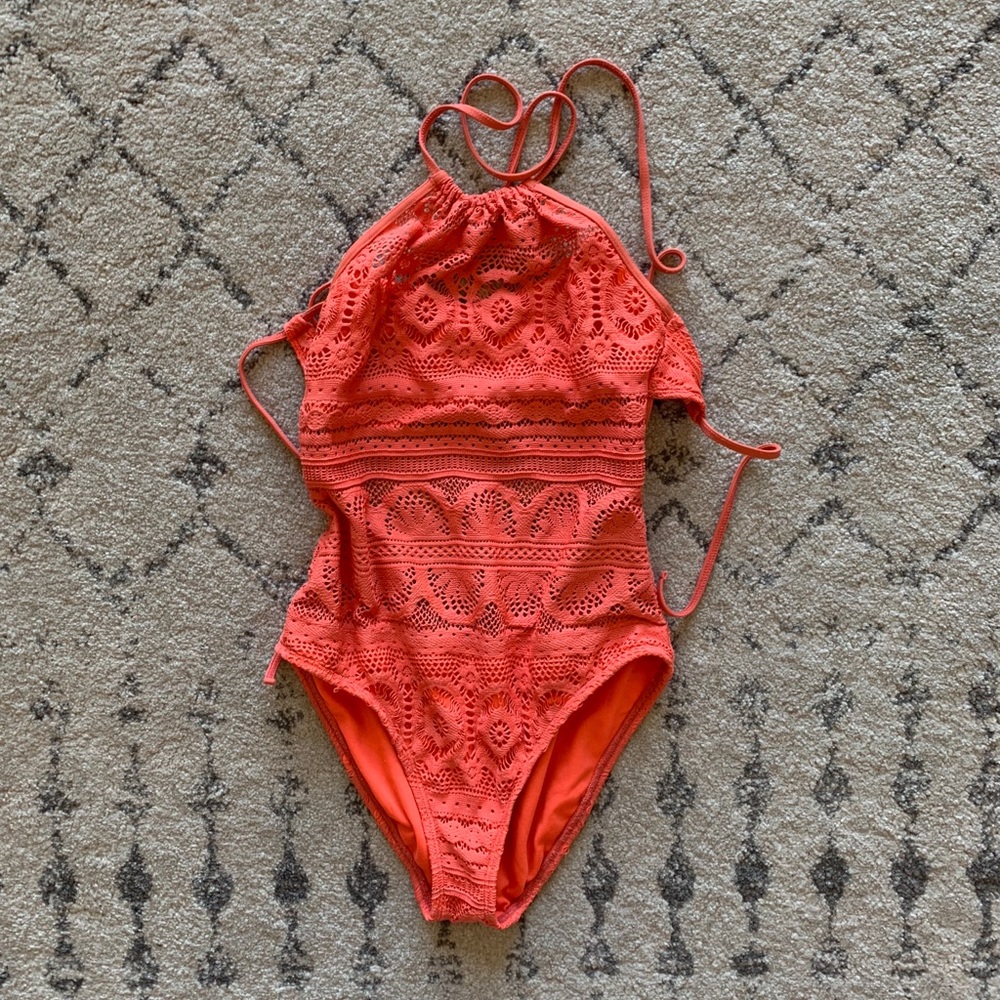 Nordstrom Pink Crochet Halter One Piece Swimsuit